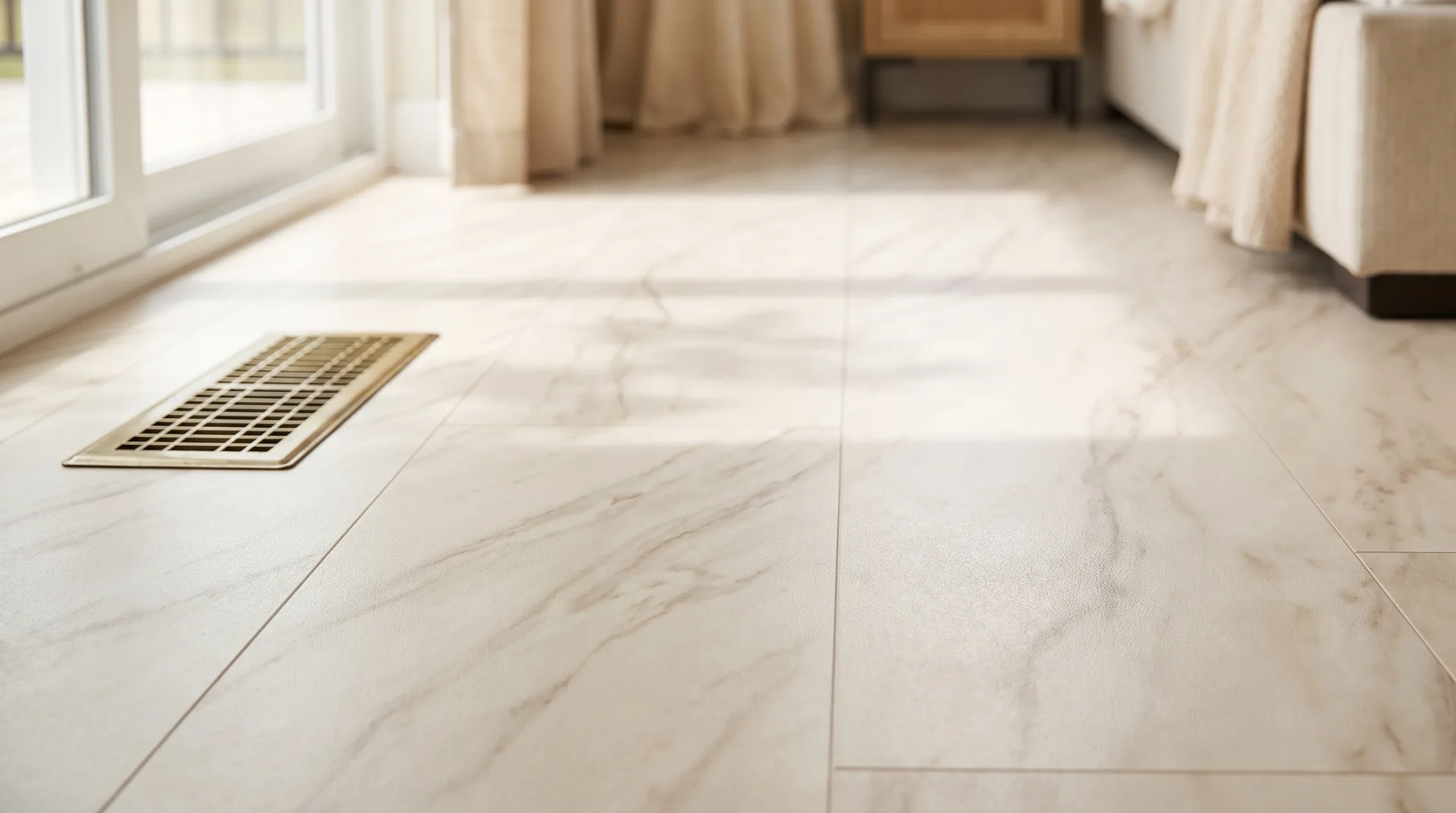 Pale cream marble-effect flooring with faint warm grey veining drifting across the surface