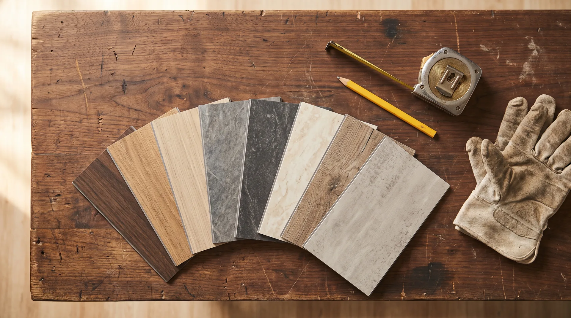 Vinyl plank samples laid out on a workbench