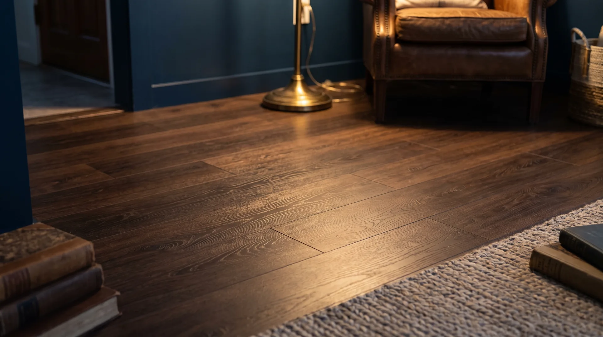 Deep chocolate-brown walnut planks with dark figured grain and a low satin sheen